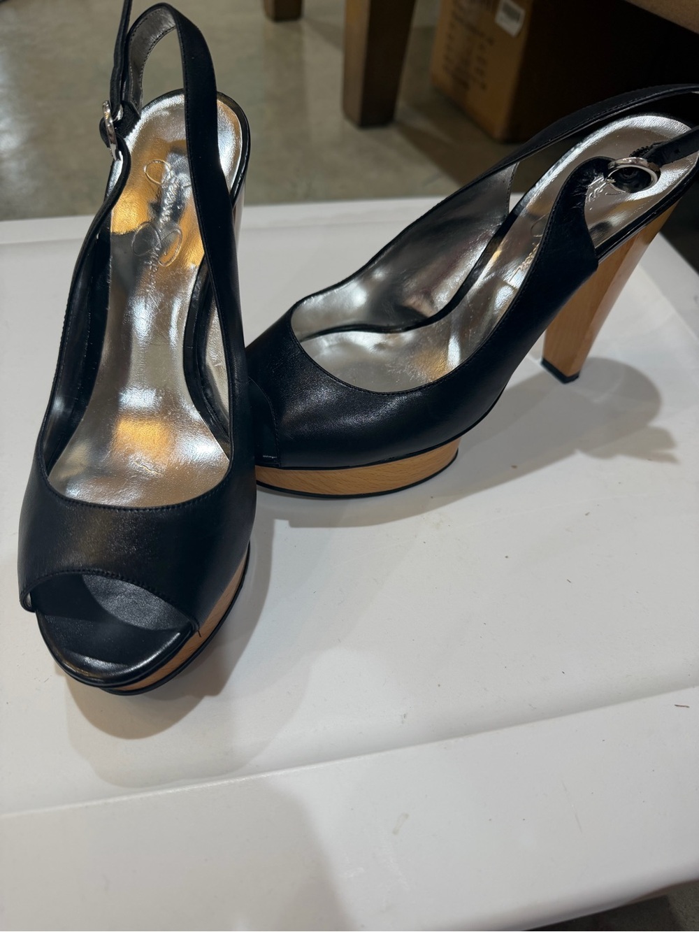Jessica Simpson Black Slingback Peep-Toe Platform Heels with Wood-Look Sole